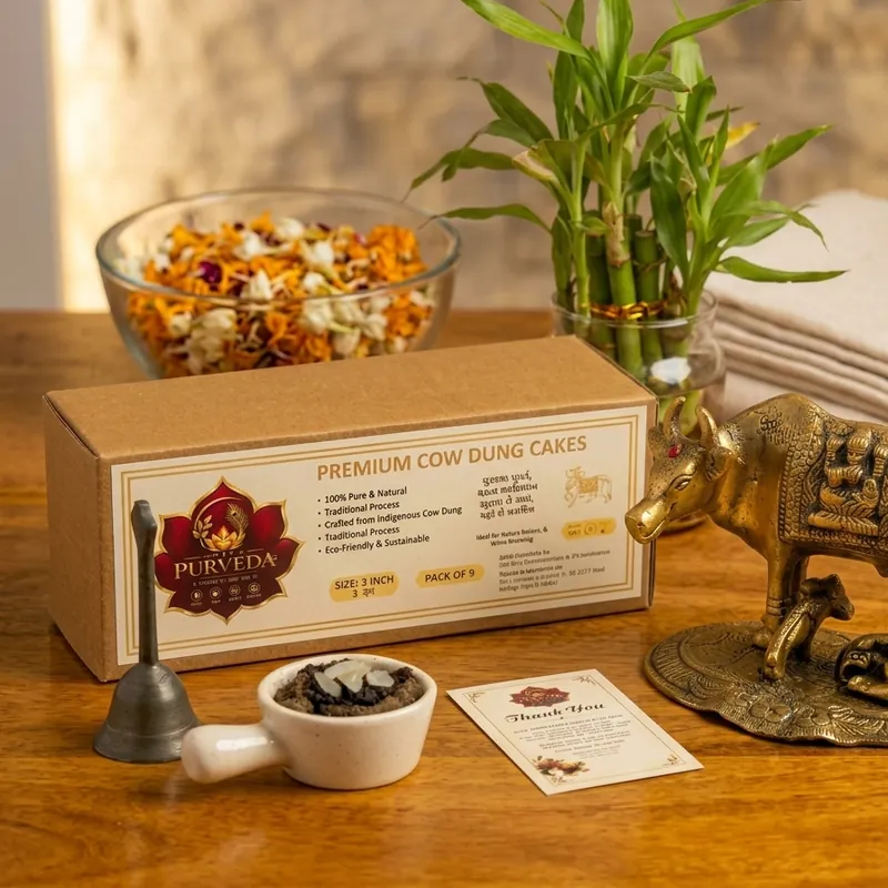Premium Cow Dung Cakes beside a dhoop bowl and a brass cow