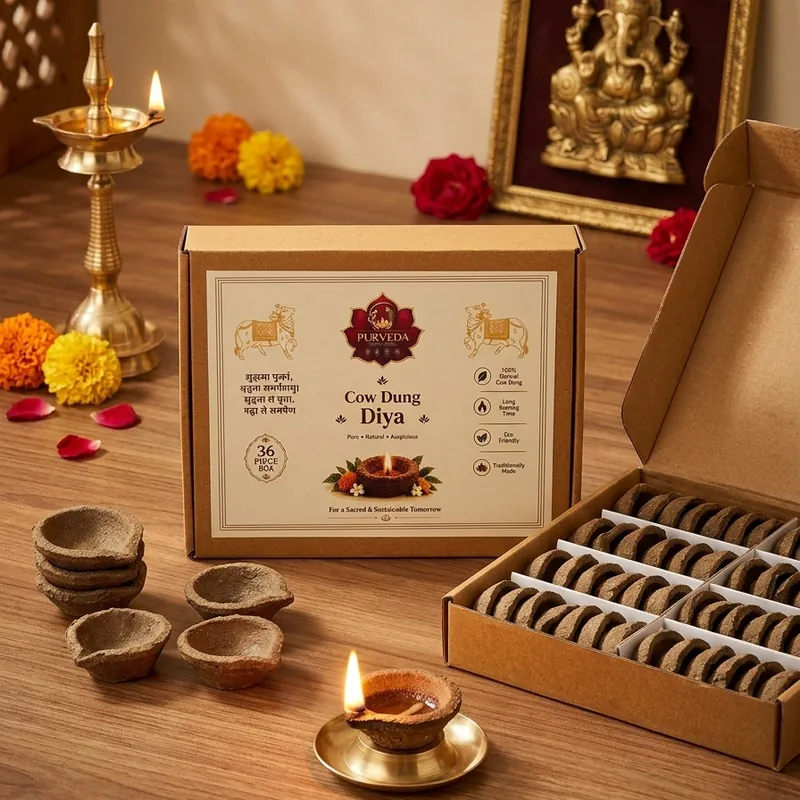 Cow dung diyas and a lit diya at a home altar