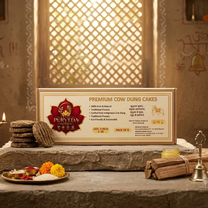 Premium Cow Dung Cakes beside a brass lamp