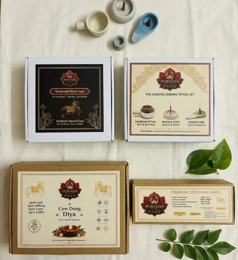 The Shree Purveda range: sambrani cups, the ceramic ritual set, cow dung cakes and cow dung diyas