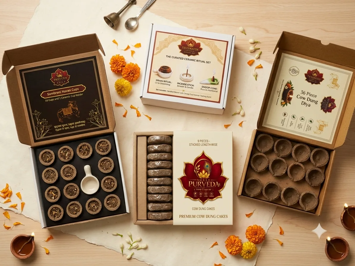 The Shree Purveda range: sambrani cups, the ceramic ritual set, cow dung cakes and cow dung diyas
