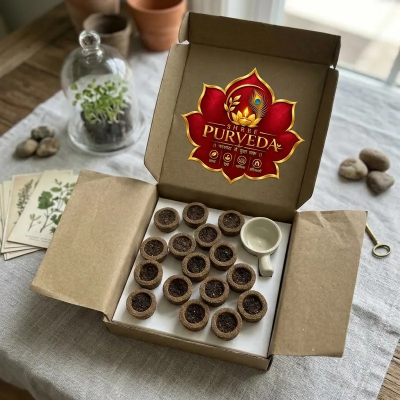 An open Shree Purveda box of sambrani cups with the lotus seal inside the lid
